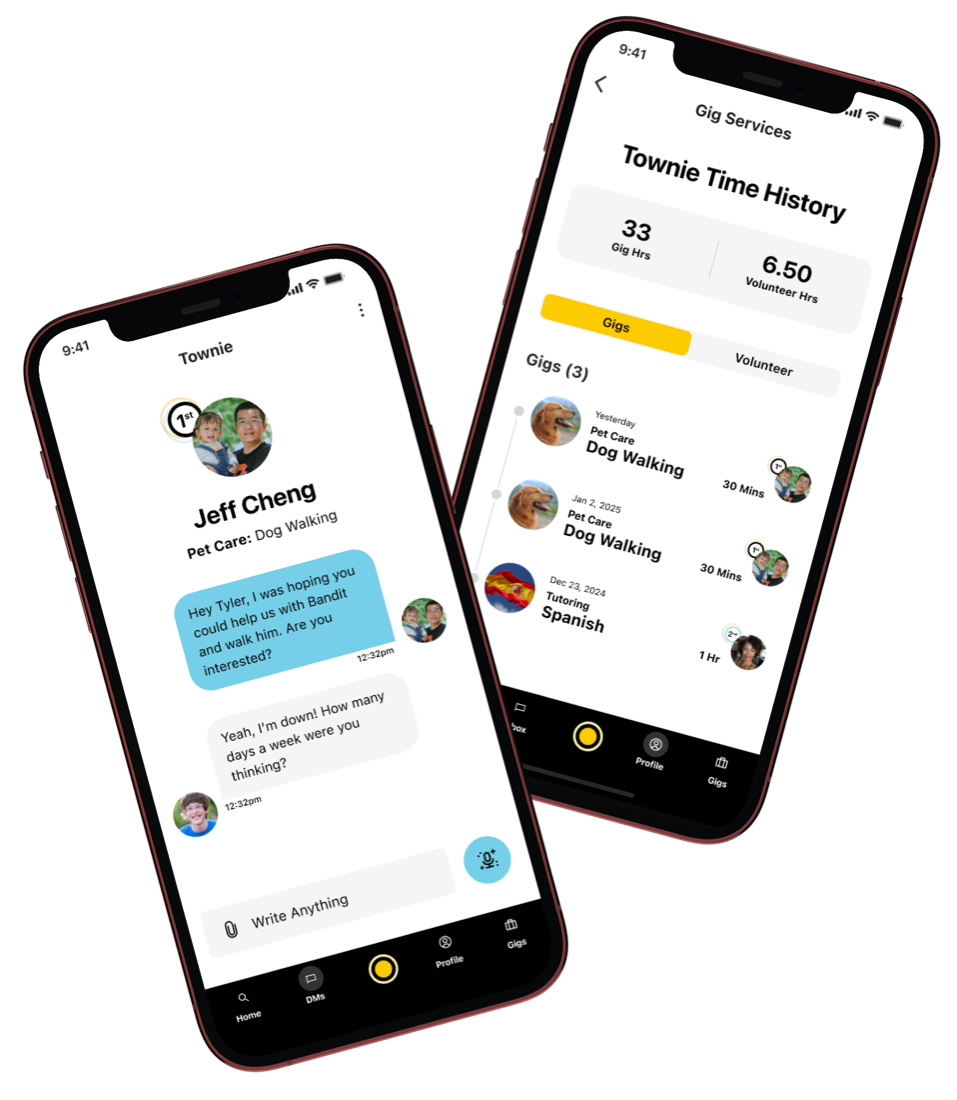 Townie in-app chat arranging a dog walking gig, beside the Townie Time History of gigs and volunteer hours