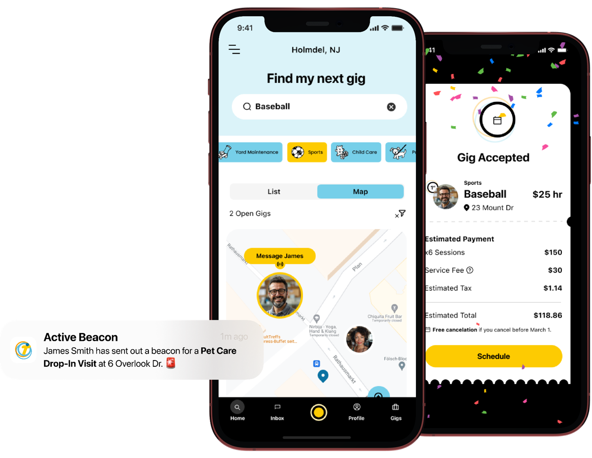 Townie app showing nearby gigs on a map and a confirmed baseball coaching gig