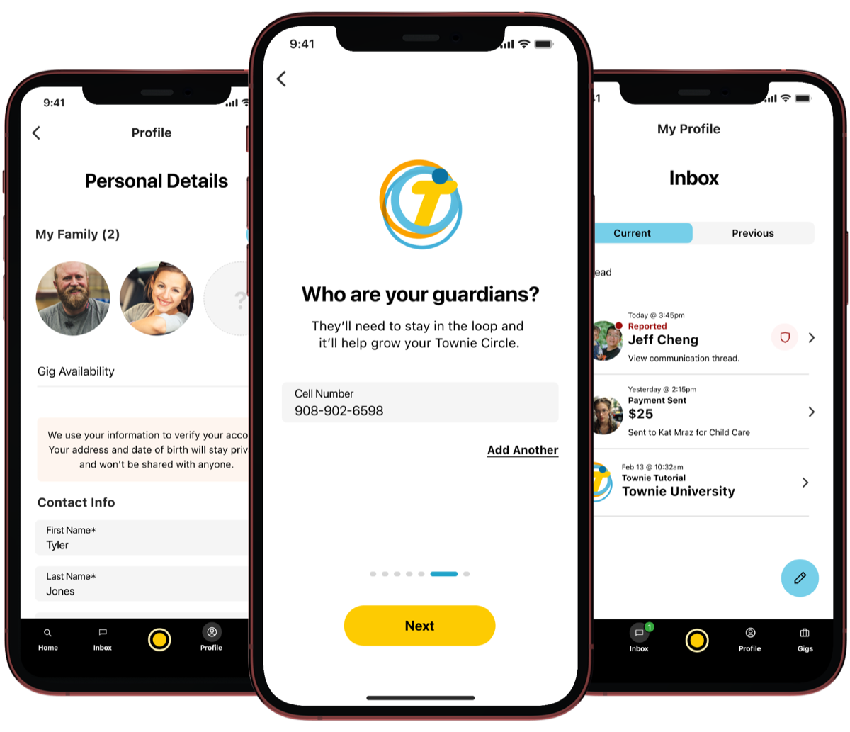 Townie onboarding screen asking teens to add their guardians, next to profile and inbox screens
