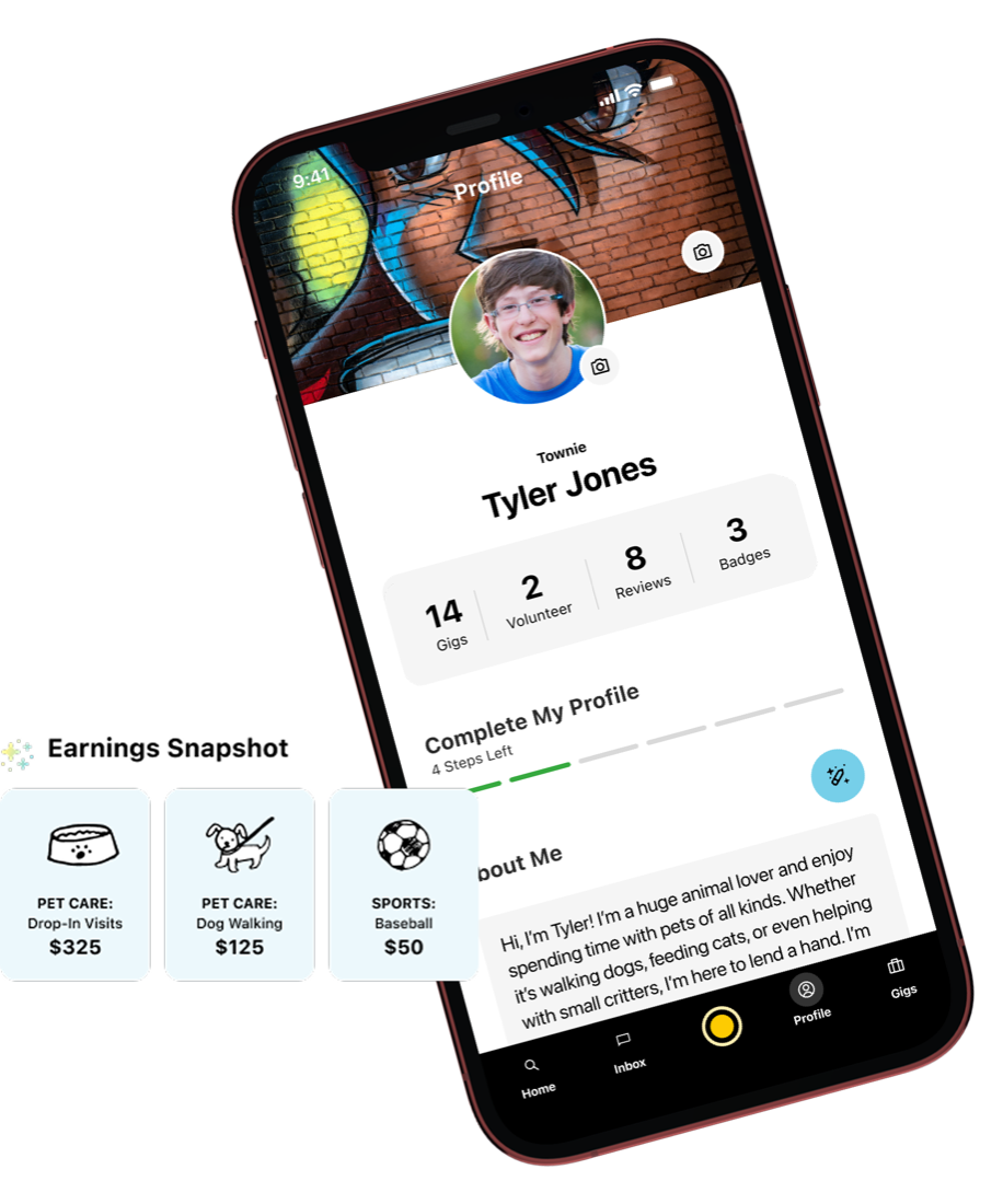 A Townie profile showing gigs, volunteer hours, reviews, badges and an earnings snapshot