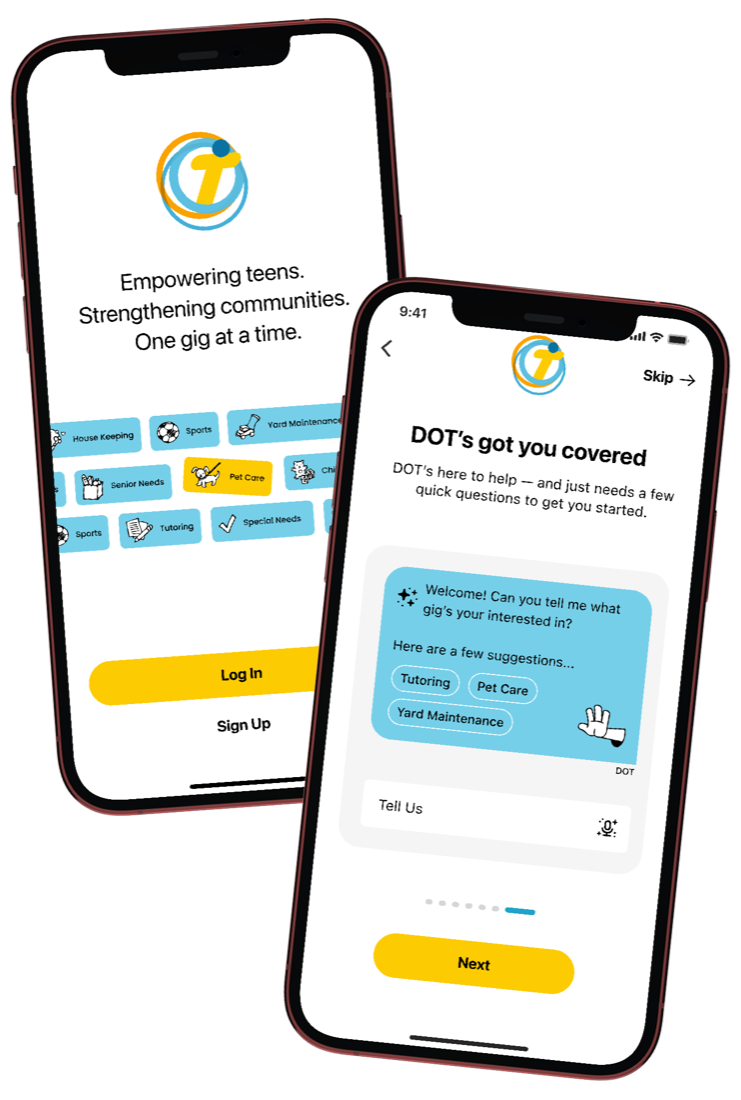 Townie app welcome screen and DOT, the in-app assistant, suggesting gigs like tutoring and pet care